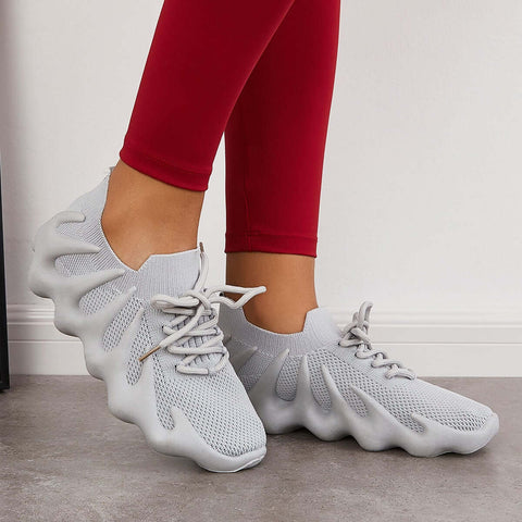 White Breathable Lace Up Running Sneakers Knit Athletic Shoes