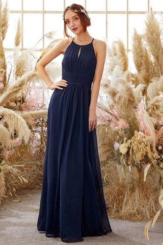 Navy Halter Chiffon Bridesmaid Dress