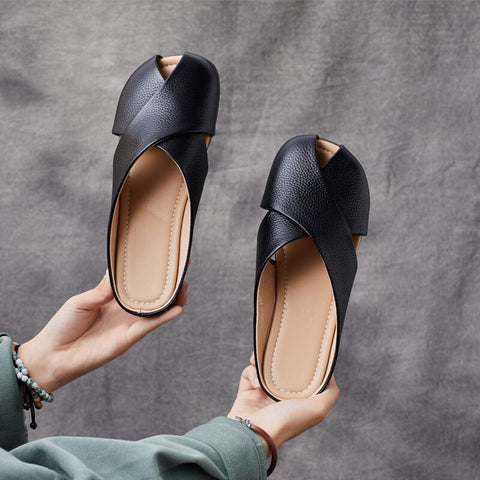 Women Handmade Leather Retro Flat Slides