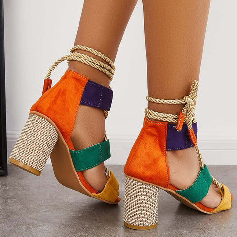 Cutout Ankle Tie Sandals Anke Strap Chunky Heel Strappy Sandals