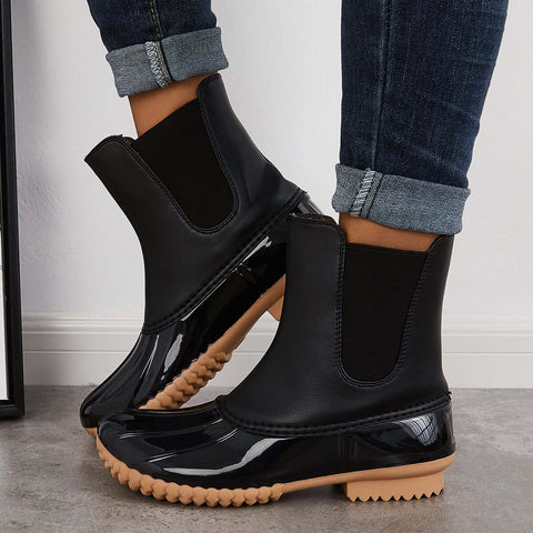 Waterproof Slip on Duck Booties Two Tone Chelsea Ankle Boots