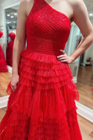 One Shoulde Ruffle Tulle A-Line Long Prom Dresses
