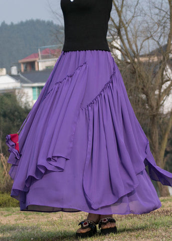 Purple Patchwork Chiffon Skirt Asymmetrical Exra Large Hem Summer