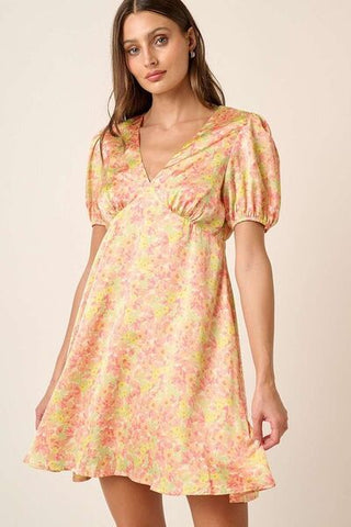 Floral V-Neck Puff Sleeve Mini Summer Dress