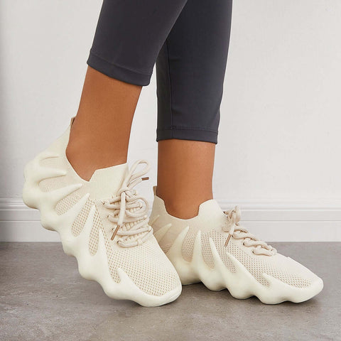 White Breathable Lace Up Running Sneakers Knit Athletic Shoes