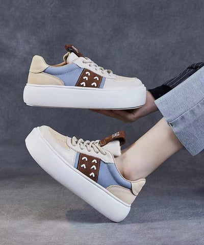 Beige Flache Schuhe Plattform Rindsleder Leder Casual Lace Up