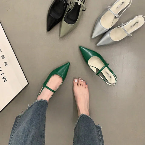 Summer Pointed Toe Women Sandal Shoes Fashion Shallow Slip On Flats Heel Ladies Elegant Office Shoes Outdoor Slingback Mules