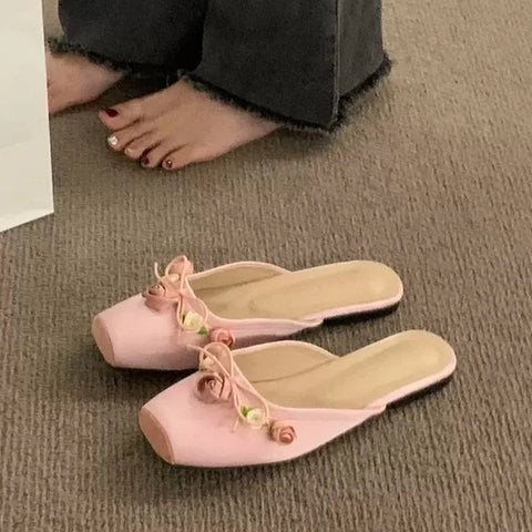 Flower Flats Mules Shoes Women Soft Cozy Dress Slippers Shoes 2024 Designer Summer Flip Flops Casual Slides Female Zapatillas