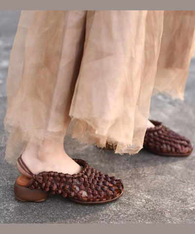Handmade Comfy Beige Hollow Out Cowhide Leather Chunky Sandals