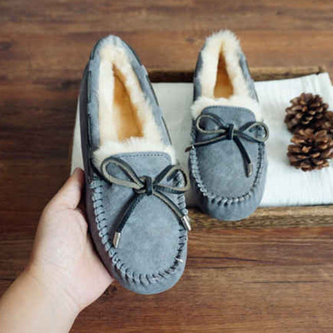 Cozy Slip On Bow-Knot Thick Wool Pea Lazy Winter Shoes