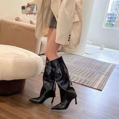 Wind Trouser Boots Women High Heel Shoes 2024 Spring Autumn New Lady Soft Leather Thin Heels Pointed Knee Length Knight Boots