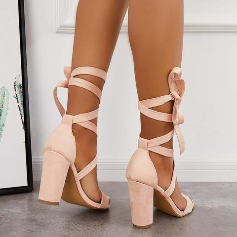 Lace Up High Heeled Sandals Chunky Block Ankle Tie Strap Heels