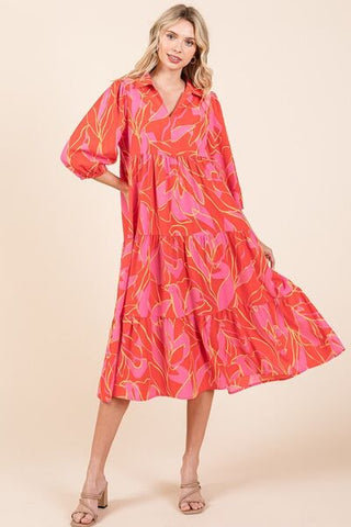 Tiered Collared Neck Vacation Midi Dress