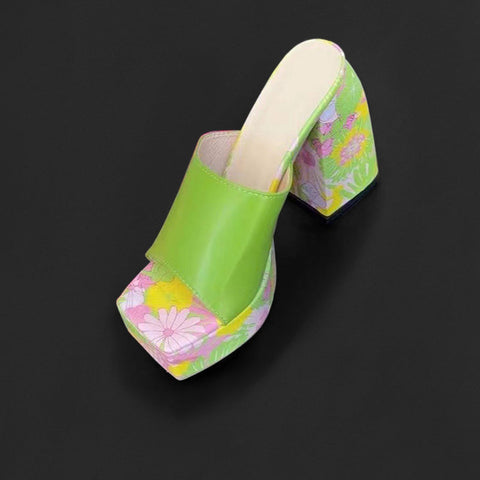 Chunky Platform Sandals Slip On Square Toe High Heel Mules