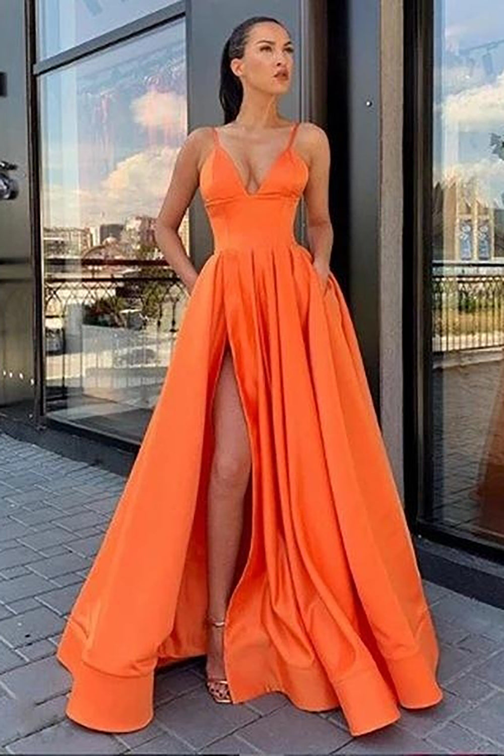 A Line Spaghetti Straps Black Long Prom Dress with Silt