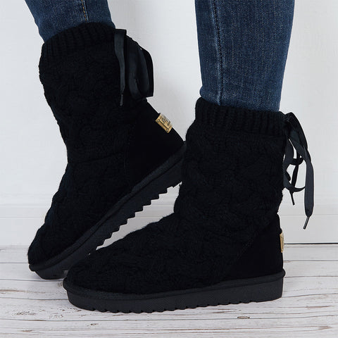 Knit Splicing Warm Ankle Boots Lace Up Winter Short Booties