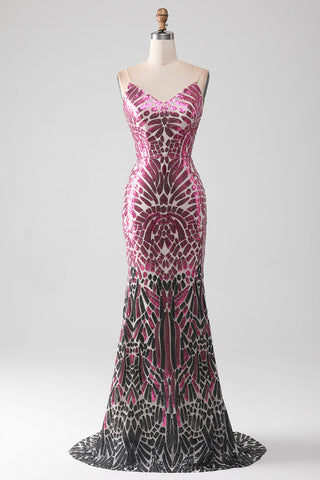 Stylish Mermaid Spaghetti Straps Pink Sequins Long Prom Dress