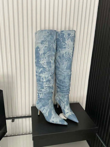 Sexy Women Over The Knee Boots Chelsea Booties Pointed Toe Blue Black White Denim Cloth Winter Dress Shoes Slip On Autumn Boots