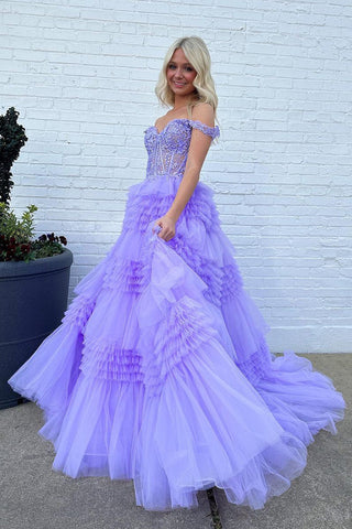 Tulle Off-the-Shoulder Ruffle Tiered Long Prom Dress