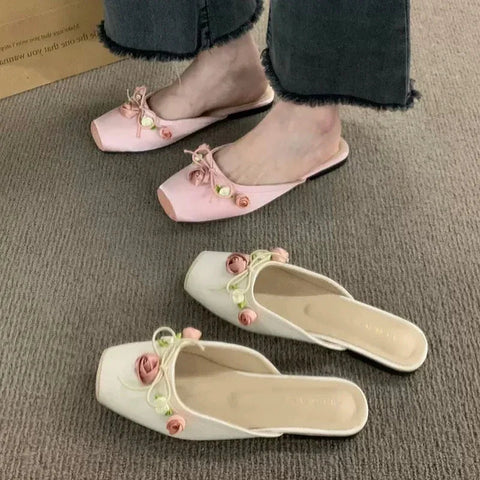 Flower Flats Mules Shoes Women Soft Cozy Dress Slippers Shoes 2024 Designer Summer Flip Flops Casual Slides Female Zapatillas