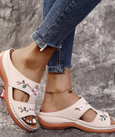 0508Bohemian Red Embroideried Faux Leather Splicing Wedge Slide Sandals