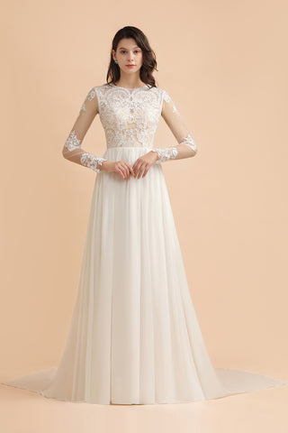 Elegant A-Line Chiffon Lace Wedding Dress Long Sleeves Jewel Ruffles Bridal Gowns On Sale