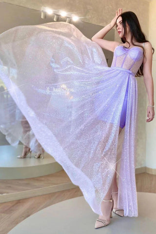 A Line Spaghetti Straps Lilac Corset Prom Dress with Criss Cross Back