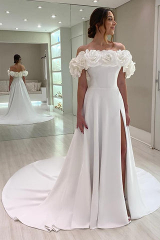 Gorgeous A-Line Chapel Train Off-The-Shoulder Satin Wedding Dresses with Slit