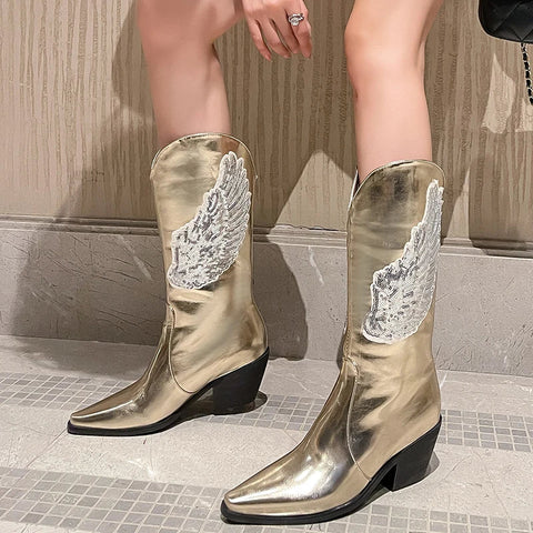 - Plus Size Bling Angel Wings Pattern Sequin Women's Mid Length Boots Pointed Toe Tapered Thick Heels Slip-On Dance Booties Silver