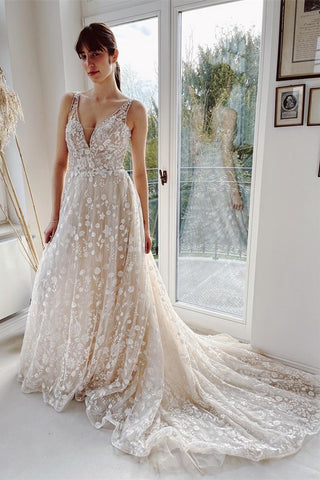 Bmbridal Beautiful V-Neck Wedding Dress Lace Sleeveless Online