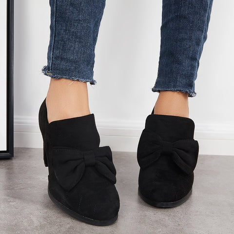 Bowknot Pointed Toe Chunky High Heel Pumps Slip on Dress Shoes