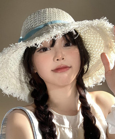 Boho Beige Bow Hollow Out Straw Woven Holiday Floppy Sun Hat