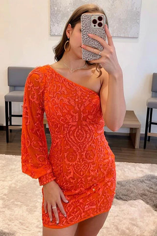 Orange Beaded Sequins One Shoulder Tight Homecoming Dress