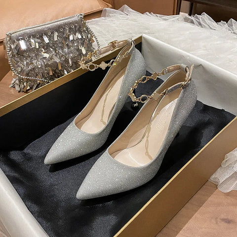 Silver straight line buckle French high heels fashionable slim heels pointed single shoes bride bridesmaids wedding shoes women