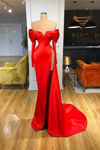 Fashion Red Long Sleeves Prom Dresses Mermaid Off-the-Shoulder With Split