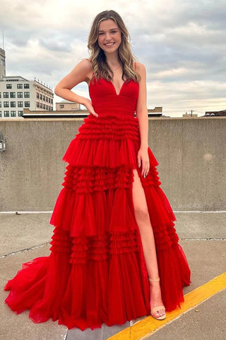 Tulle Tiered Spaghetti Straps Long Prom Dress with Slit