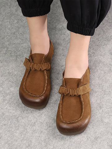 Women Genuine Leather Elastic Spliced Flat Shoes