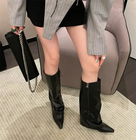 Designer Spring Women Pipe Boots Fashion Side Zippers Ladies Elegant Thick Heel Long Booties Women's Knee High Booties