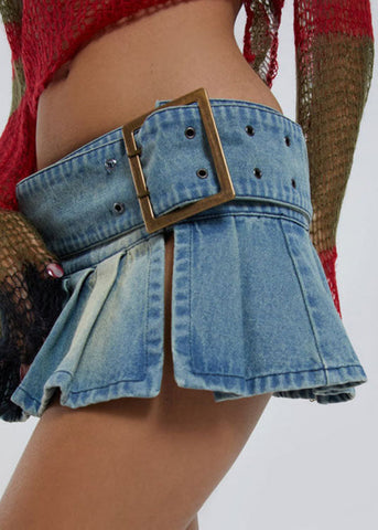 Style Blue Tie Waist Open Patchwork Denim Mini Pleated Skirt Summer