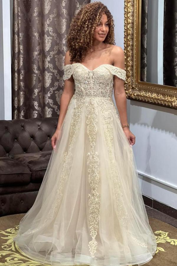 BMbridla Off-the-Shoulder Tulle Prom Dresses Long With Lace Appliques Online