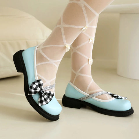 - Blue Pink White Lolita Style Sweet Girls Student Mary Jane Shoes Women Round Toe Platform Plaid Bow JK Uniform Flats Loafers 42