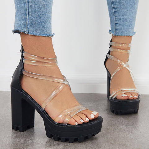 Block Lug Sole Chunky Heels Transparent Ankle Strap Sandals