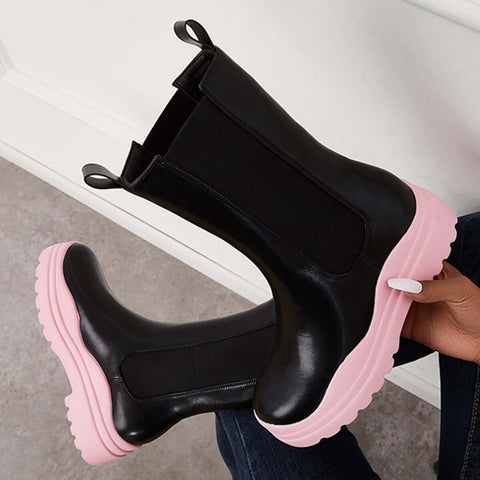 Platform Lug Sole Mid Calf Chelsea Boots Chunky Block Heel Booties
