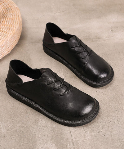 Coffee Cowhide Leather Flats Lace Up Flats