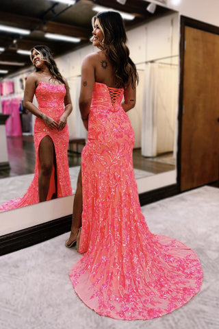 Strapless Sequins Lace Mermaid Prom Dresses with Slit