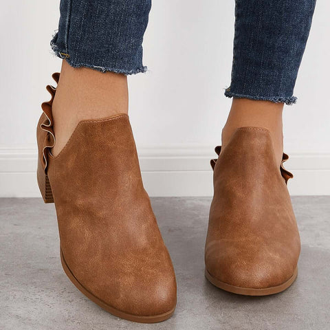 V-Cut Ruffle Ankle Boots Slip on Chunky Stacked Heel Booties