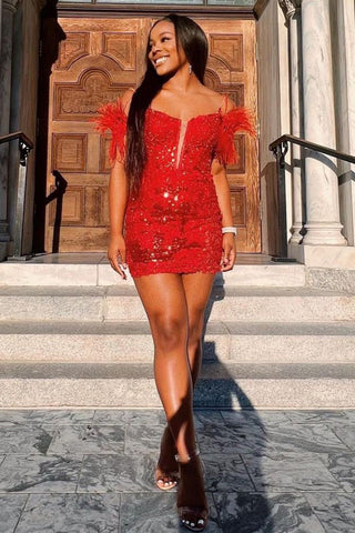 Sheath Off the Shoulder Purple Sequins Short Homecoming Dress with Feather