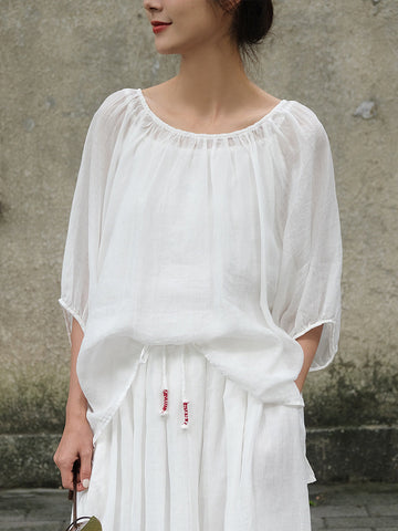 Women  Summer Casual Solid Pleat Drawstring Loose Shirt+Skirt