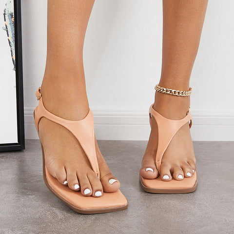 Square Toe Ankle Strap Kitten Heel Flip Flops Sandals