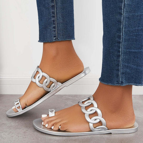 Slip-on Slide Sandals Toe Ring Single Band Flat Slippers